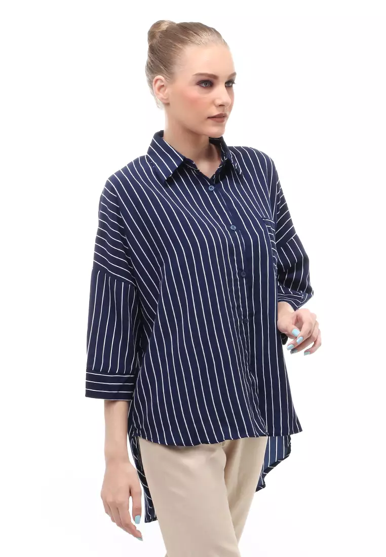 Shirt Salur Lengan Panjang Atasan Wanita Casual Front Button Opening - Navy