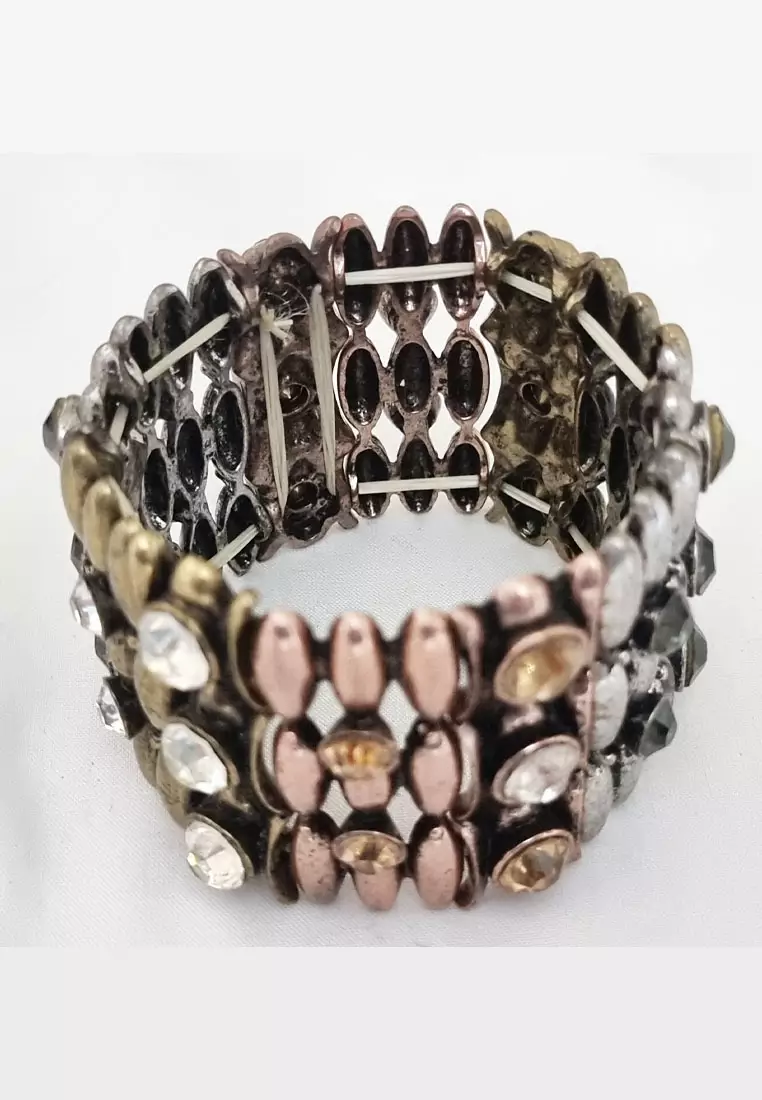 Tricoloured Elastic Diamante Bracelet Gelang Wanita Silver