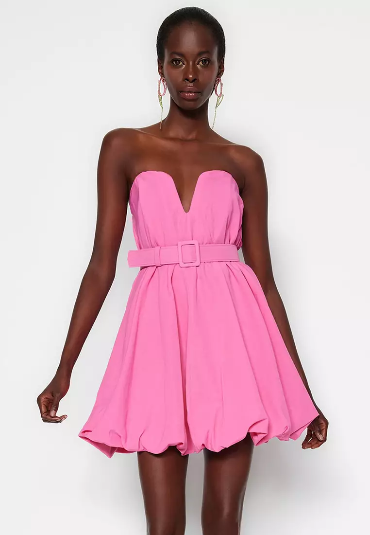 Pink dress with belt best sale