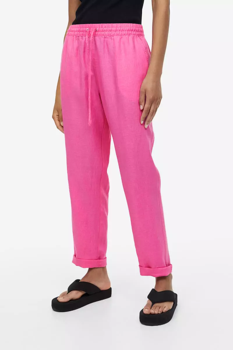 Buy H&M Linen joggers in Pink Dark 2024 Online