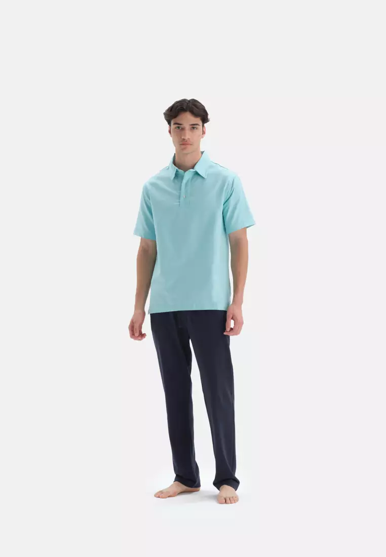 Green Polo T-Shirt, Shirt Collar, Regular Fit, Short Sleeve Loungewear for Men
