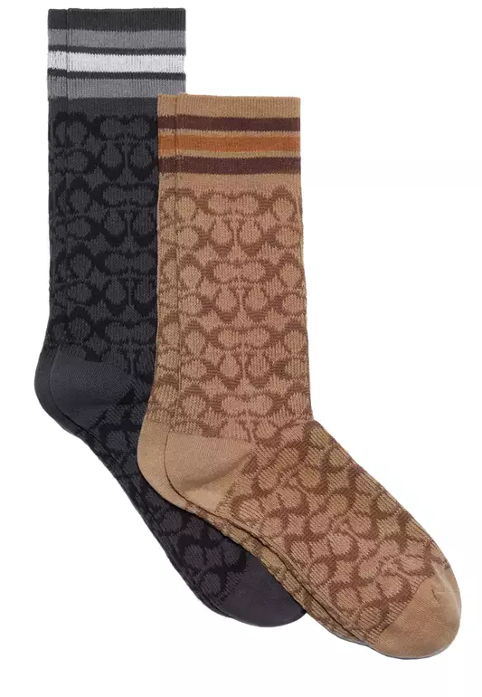 Coach Signature Calf Socks in Khaki/ Black CH397