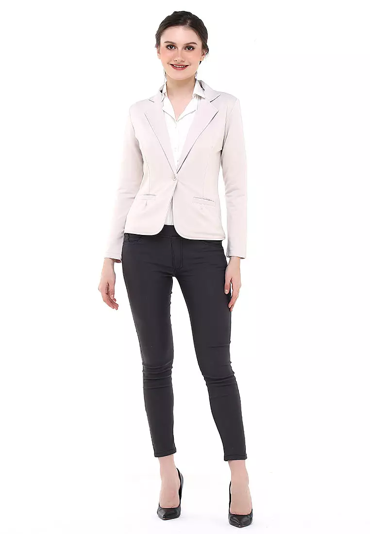 Qemsya Jas Blazer Wanita One Botton Slim Fit Formal Longsleeve Suit Material Scuba ORIGINAL - Cream
