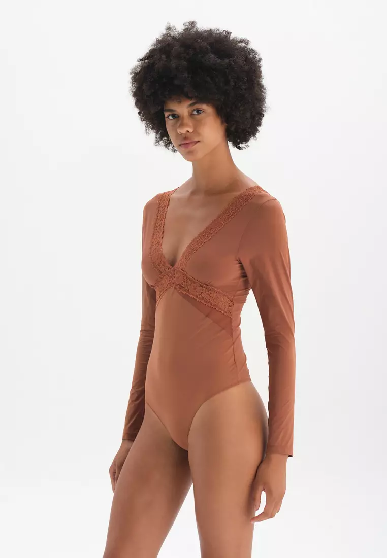 Brown Bodysuits, V-Neck, Regular, Long Sleeve Underwear for Women