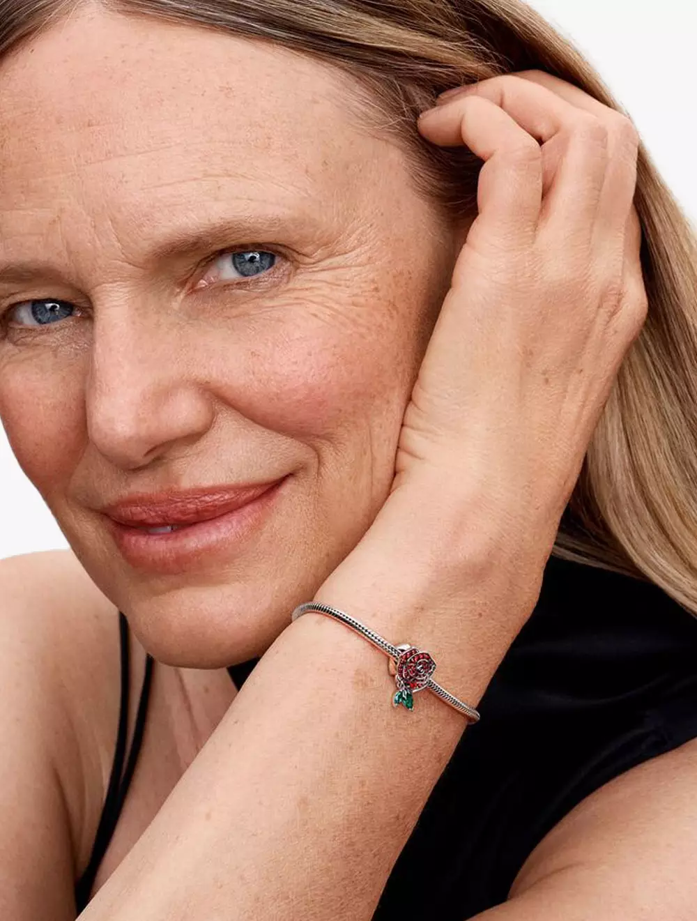 Rose sterling silver charm with red cubic zirconia and royal green crystal