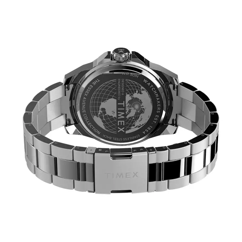 Jam Tangan Pria Timex Essex TW2W79900 Men Multifunction Black Dial Stainless Steel Strap