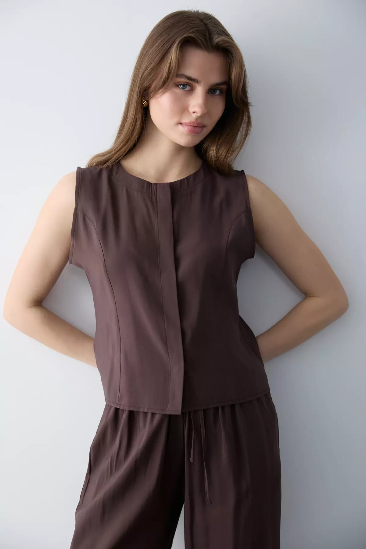 Brown Modal Look Blouse Pants Woven Bottom - Top Set Twoss26Au00086