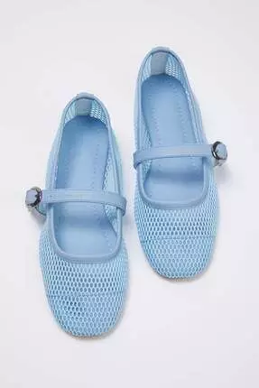 Baby Blue Mesh Detailed Round Toe Mary Jane Women's Ballerinas Takss24Be00000