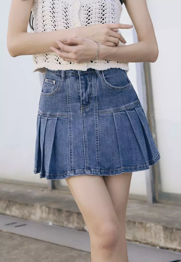 Denim Pleated Mini Skirt [CA3128]