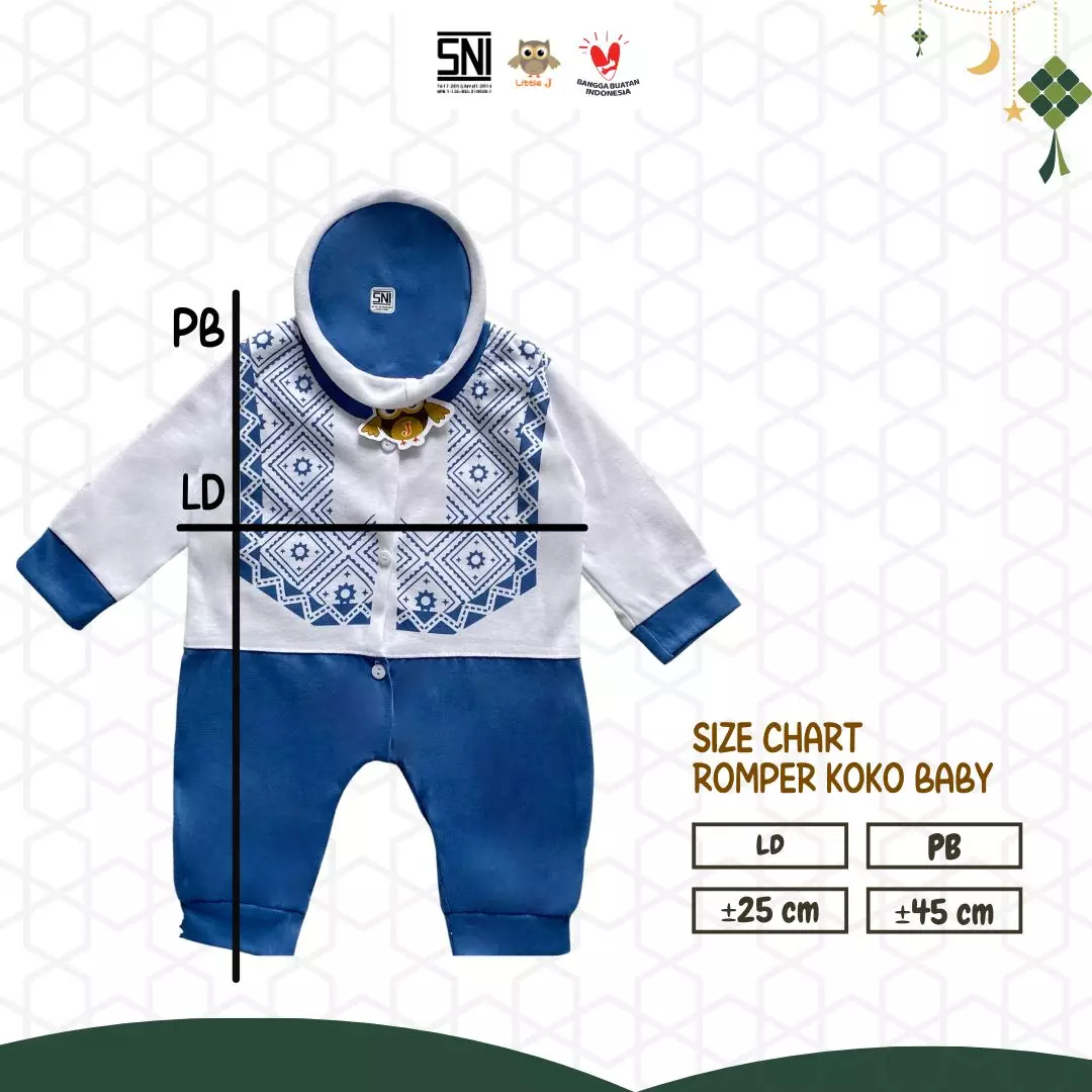 Little J - (1562 BIRU) Raya Collection Romper Koko Baby Setelan Baju Koko Bayi SNI Muslin Cowok Jumper Koko 0-9 Bulan Peci Double Knitted Sablon Aplikasi Kudung 3 Kancing Hidup