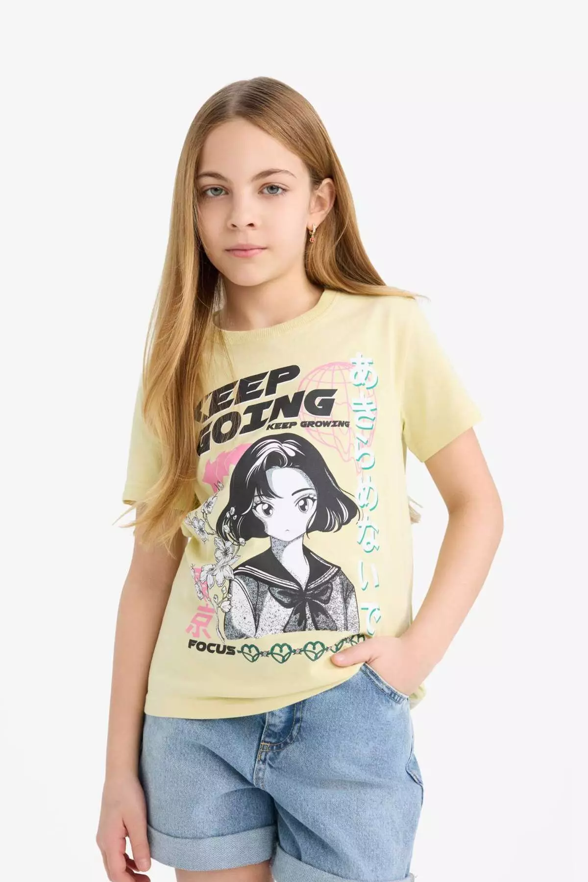 Girl's Crew Neck Anime Printed Short Sleeve T-Shirt E0350A825Sm