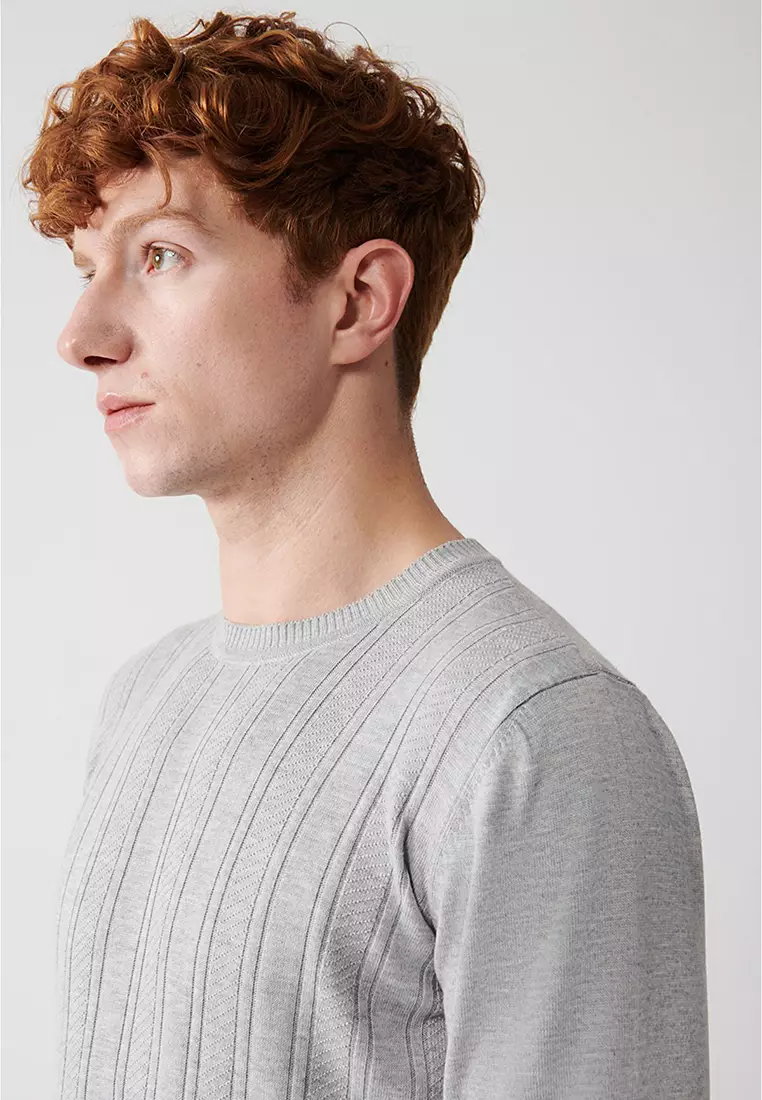 Men's Gray Crew Neck Patterned Knitwear Sweater A32Y5158