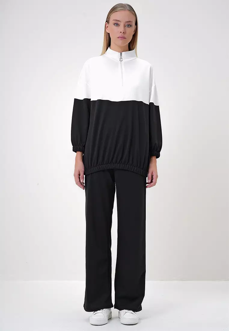 Women's Black Stand Collar Zippered Color Block Two Thread Top-Bottom Set Alc-X12887