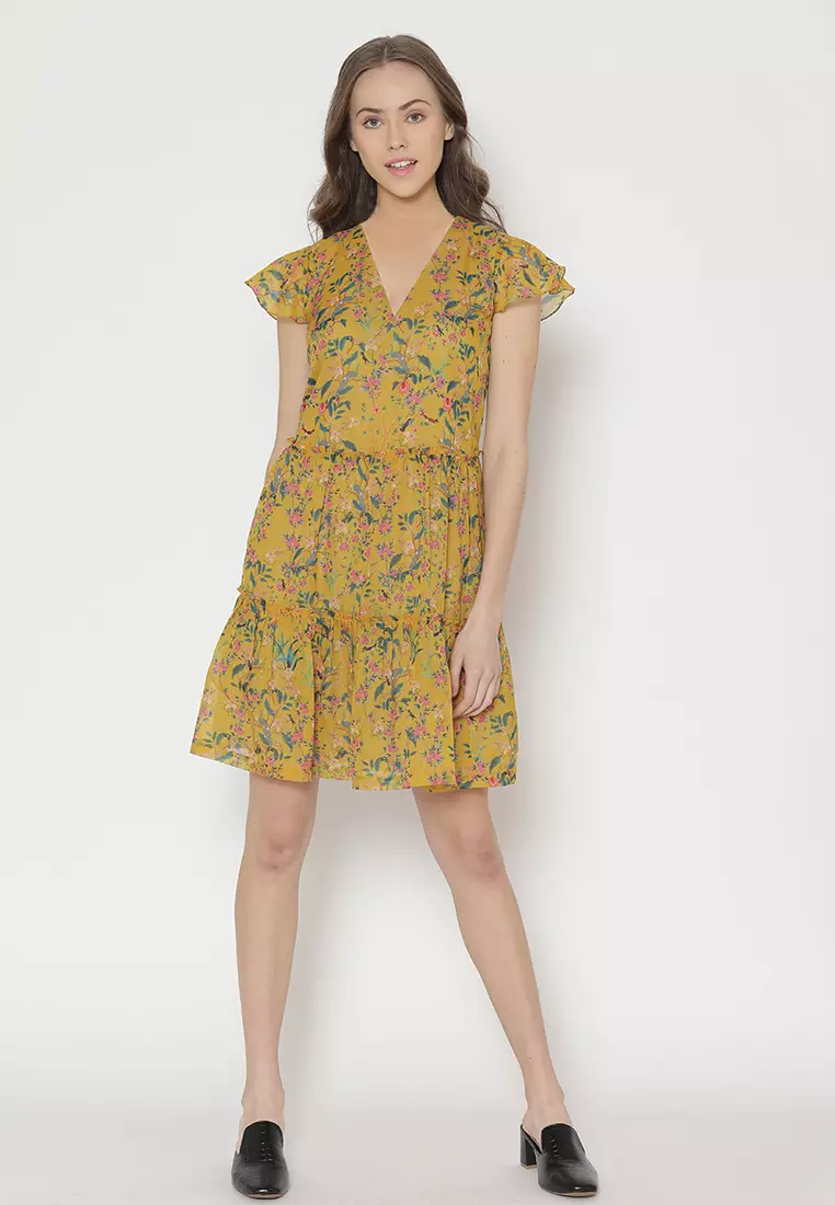 Yellow floral chiffon dress on sale