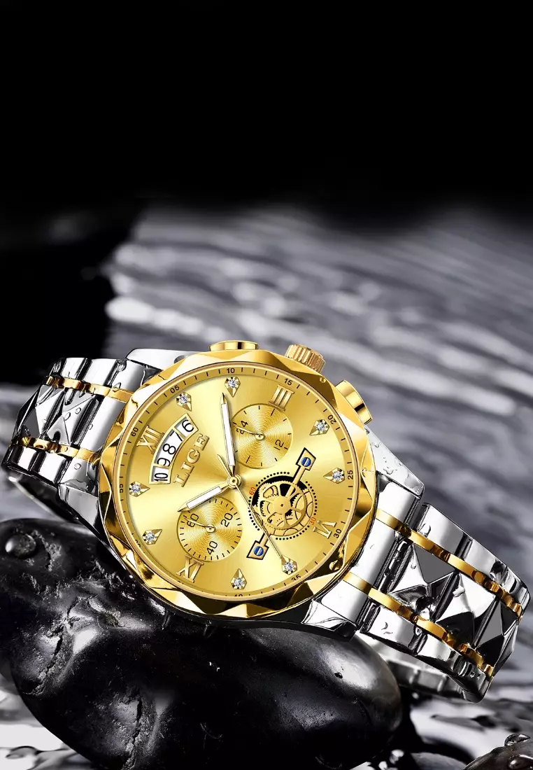 计时码表男女通用 IP 金色和不锈钢石英表，日期，不锈钢表带