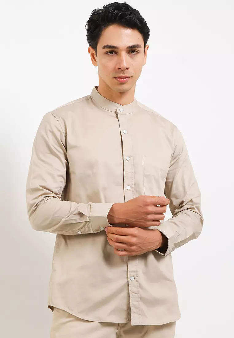 Cotton Well Badr Stand Collar Shirt Light Taupe | Kemeja Koko Lengan Panjang Krem