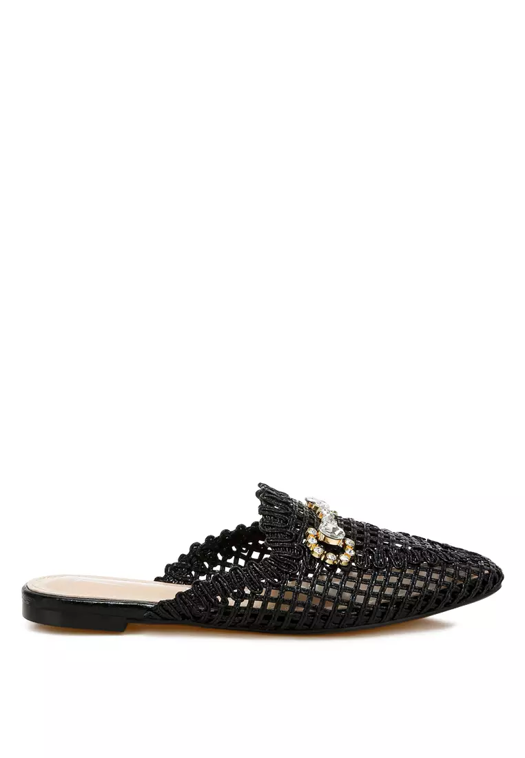 Metallic Woven Diamante Mules in Black