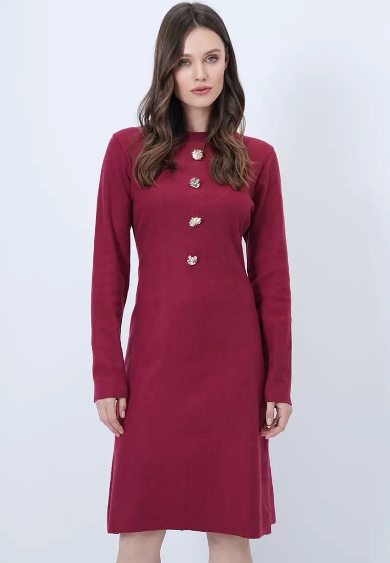 Crew Neck Button Detailed Midi Length Knitwear Dress