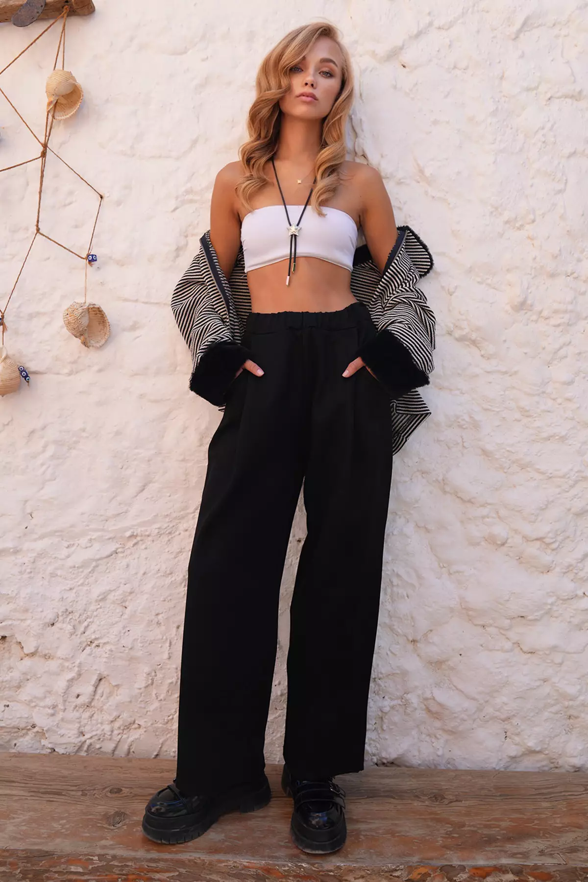 Women's Black Pleated Detailed Knitted Palazzo Pants Alc-X14535