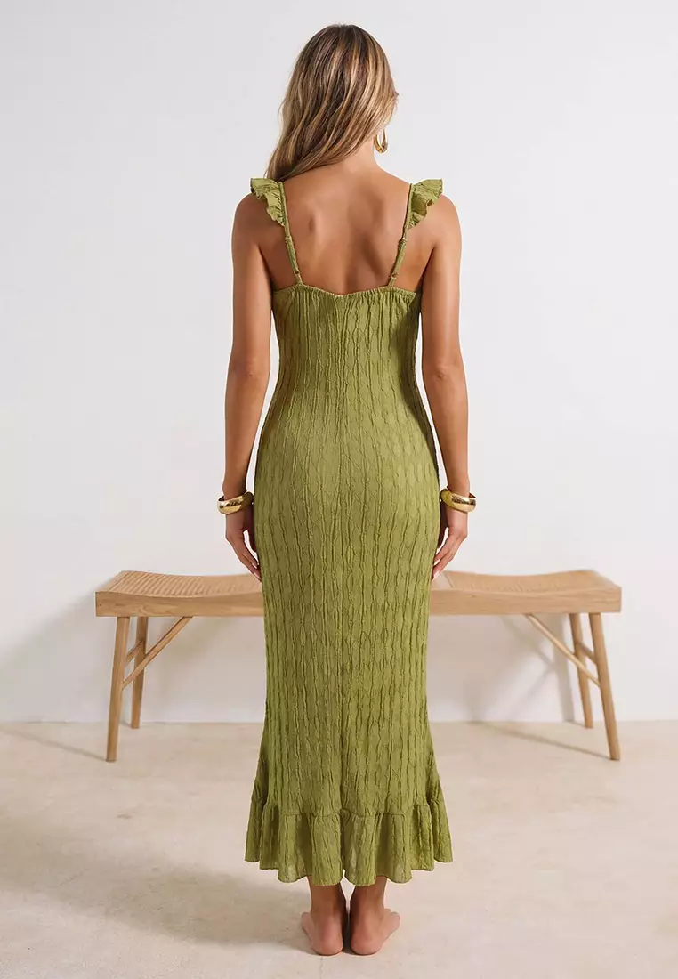 Oil Green Knitted Maxi Ruffled Sheer Beach Dress Tbess26El1