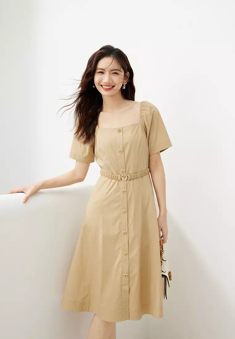 Plain Puff Sleeve Square Neck Midi Dress with Elastic Belt
