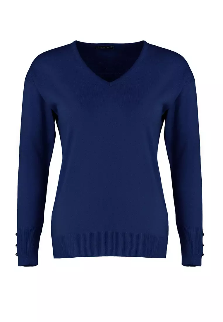 Navy Blue V Neck Button Detailed Knitwear Sweater Tbbaw23An00043