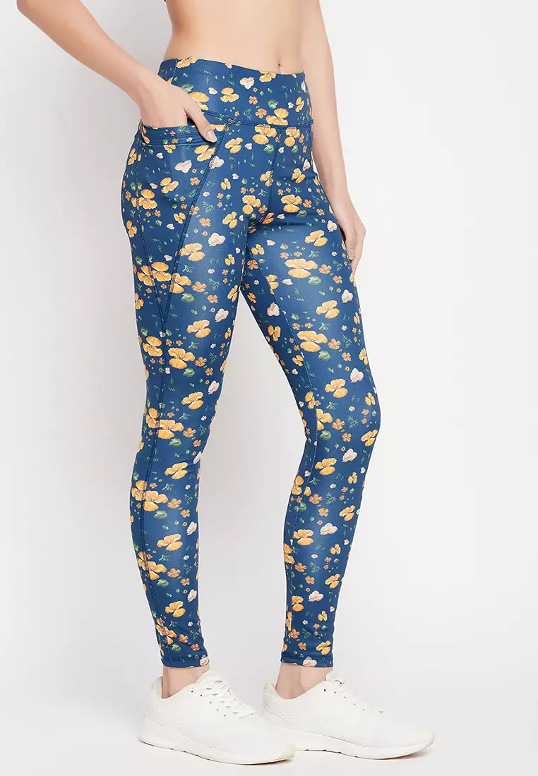 Clovia High-Rise Floral Print Active Tights in Navy with Side Pocket