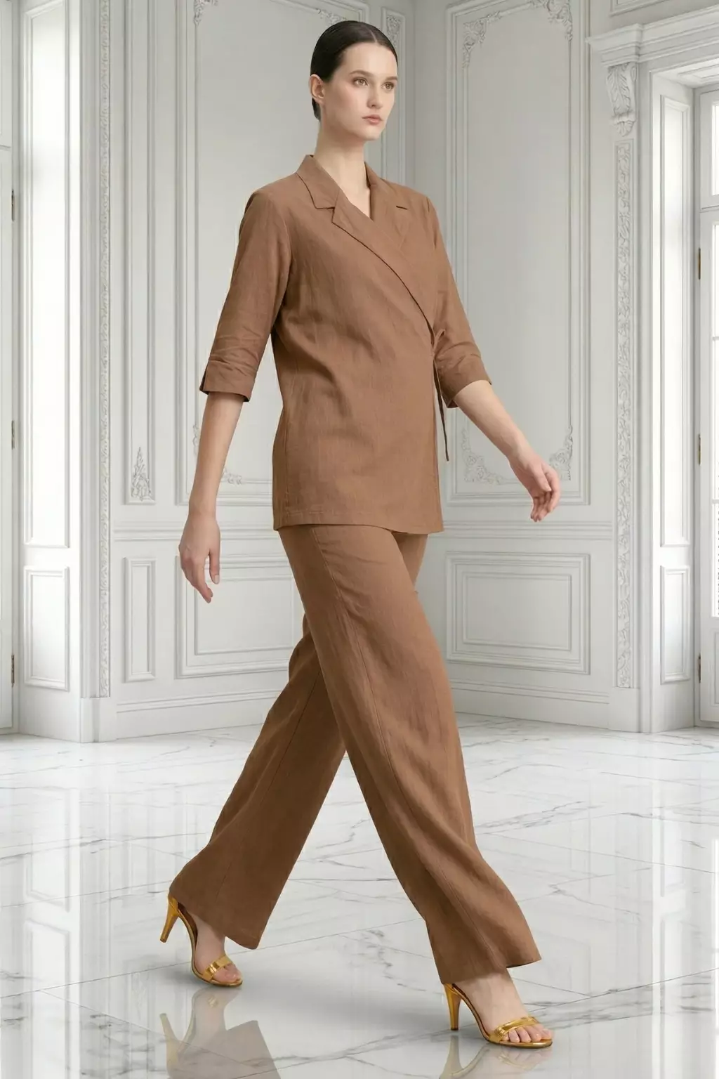 Essentials Linen Travel Set - Kimono Blazer Shirt with Straight Pants Brown (One Set Shirt & Pants)