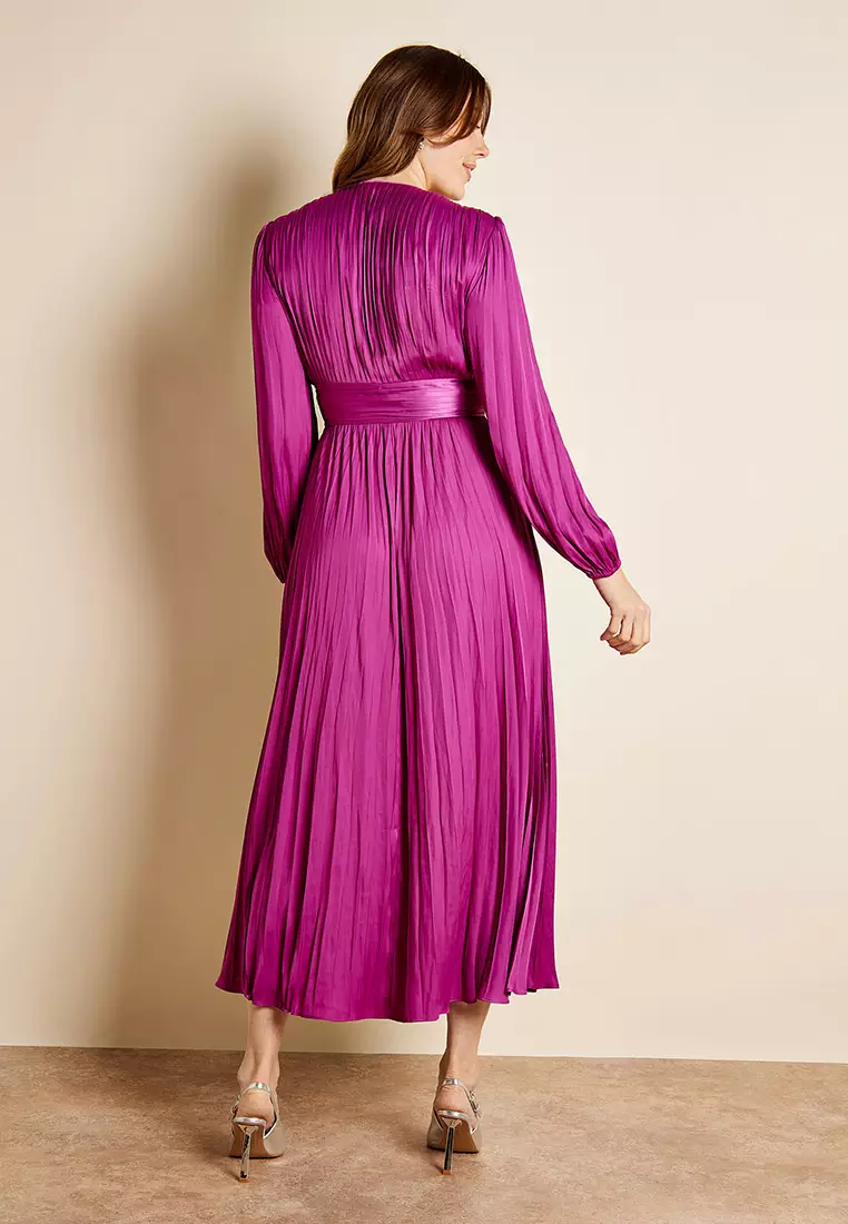 Wilma Pleated Satin V-Neck Purple Maxi Dress