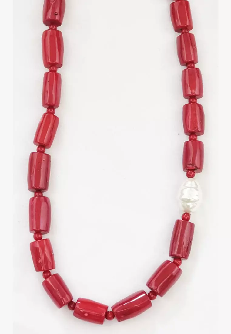 Pearl Embellished Coral Necklace Kalung Wanita Red