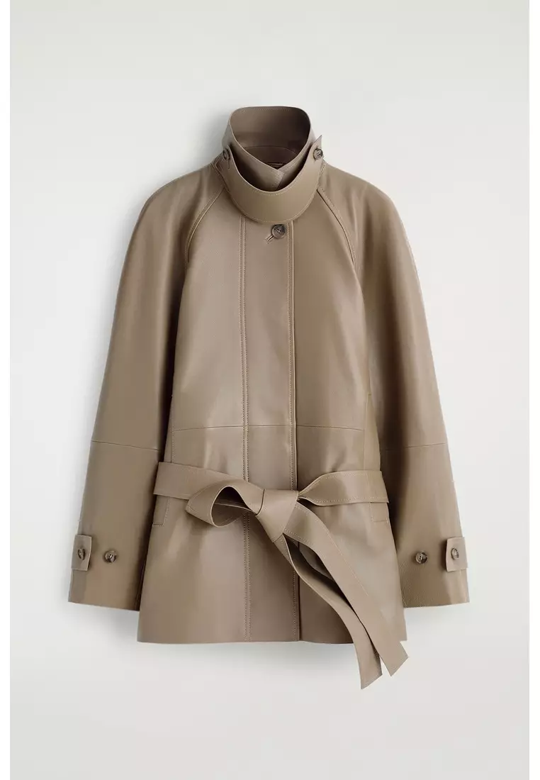 FUNNEL-NECK LEATHER SHORT TRENCH JACKET