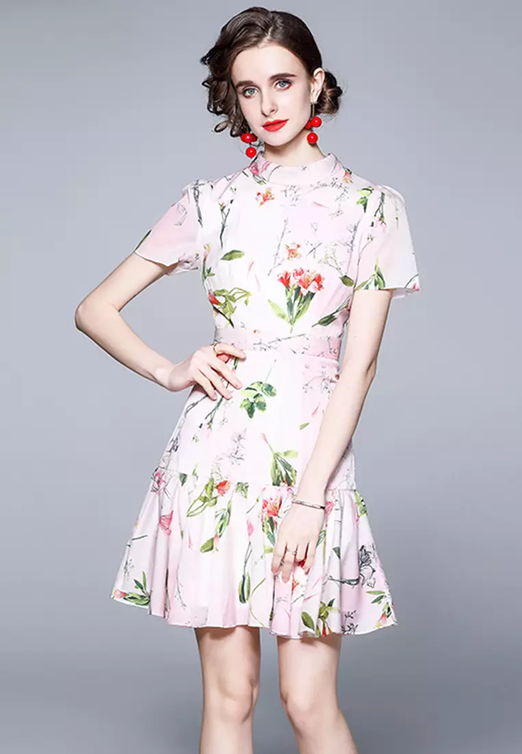 Buy Sunnydaysweety Short Sleeve Ruffled Floral Mini One Piece Dress ...