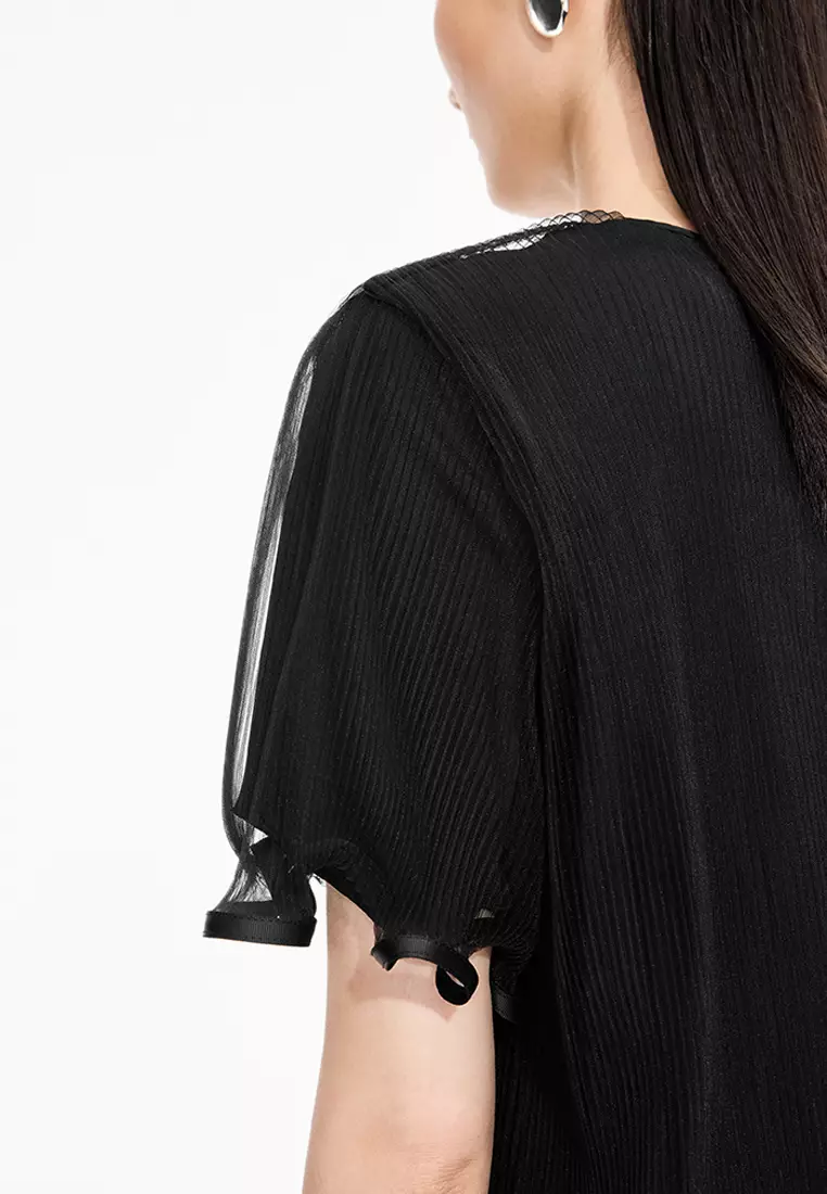 【轻礼服】混纺网纱A型压褶短袖连衣裙