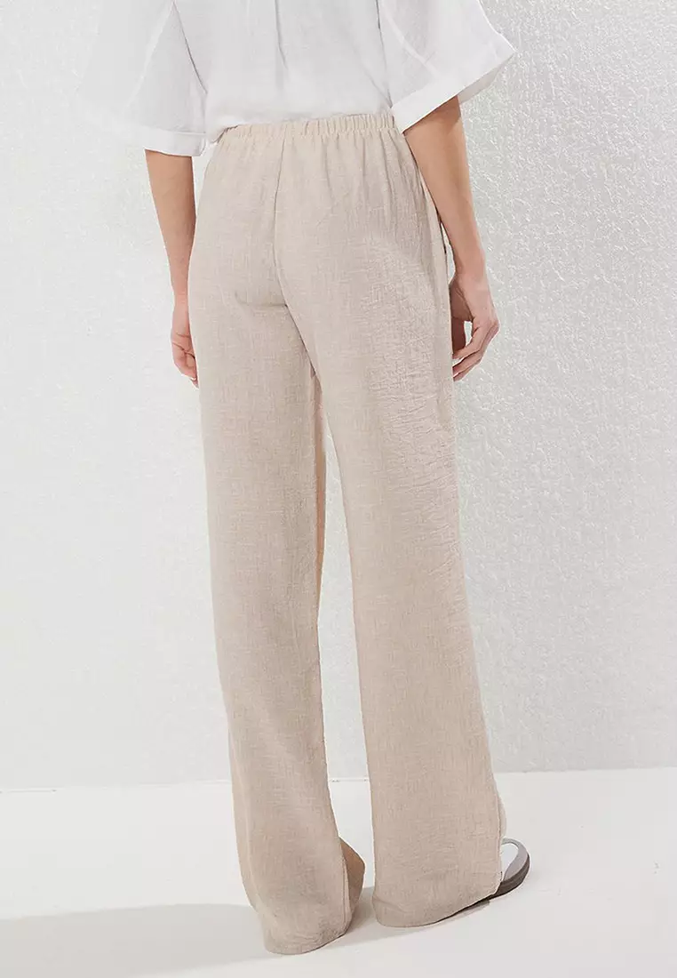 Stone Linen Look Binding Detail Wide Leg/Wide Leg Woven Trousers TWOSS25PL00109