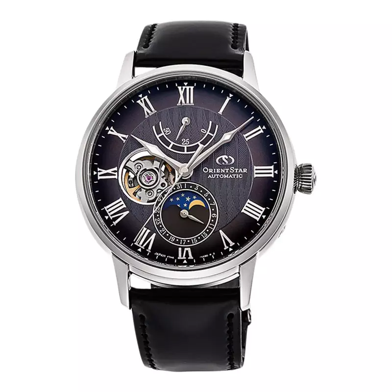Jam Tangan Pria Orient Star RE-AY0107N Mechanical M45 Watch Men Black Moon Phase Dial Black Leather Strap