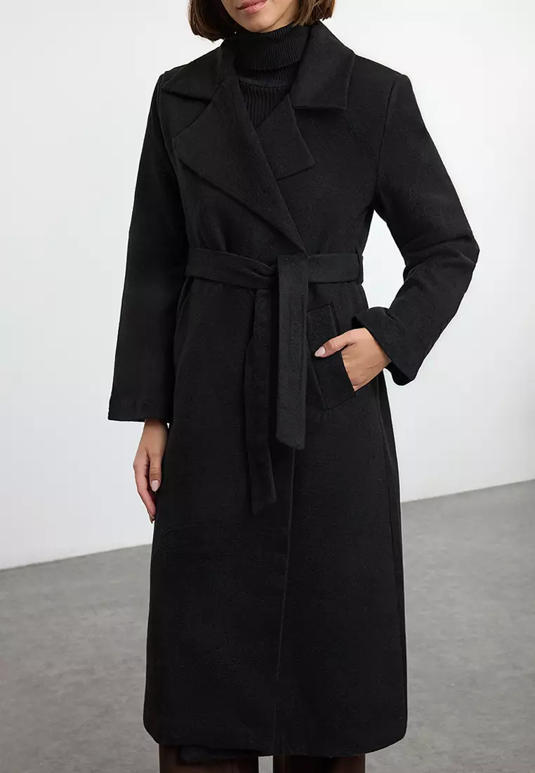 Black Belted Regular Wool Long Coat Formal Lined Coat TWOAW25KB00100