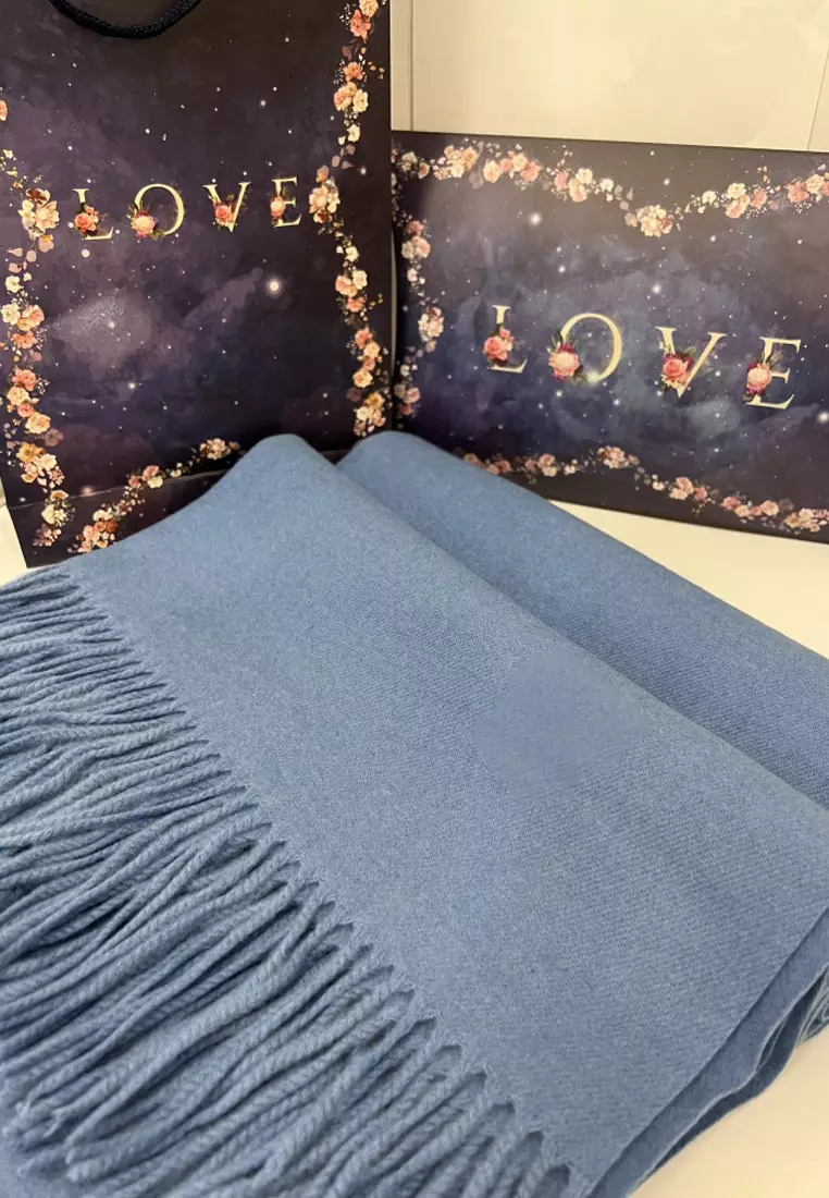 Aksesoris Wanita Virgin Wool Cashmere Shawl Syal Wanita Kasmir Denim Blue