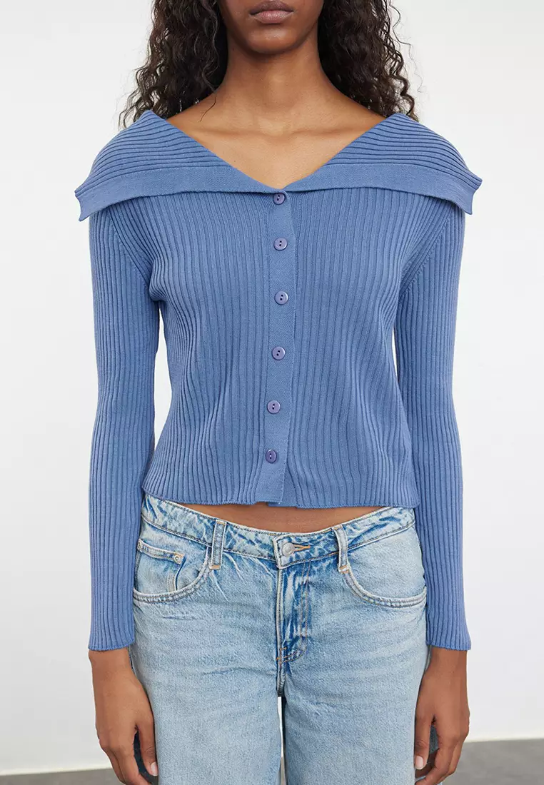 Blue Turn-Down Collar Knitwear Cardigan Twoaw24Hi00284