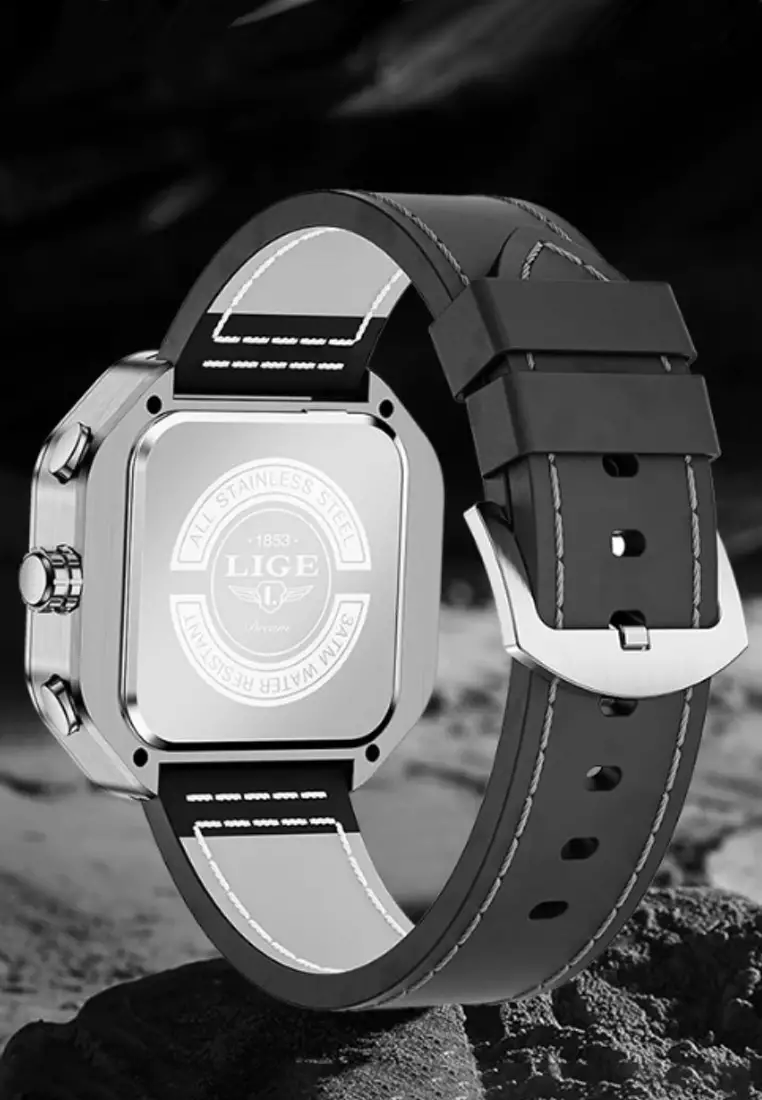 Unisex Chronograph Octogonal Stainless Steel Quartz Watch on Black Leather Strap