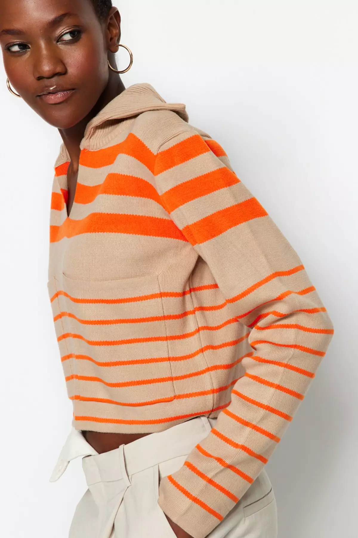 Buy Trendyol Camel Crop Striped Polo Neck Knitwear Sweater Online