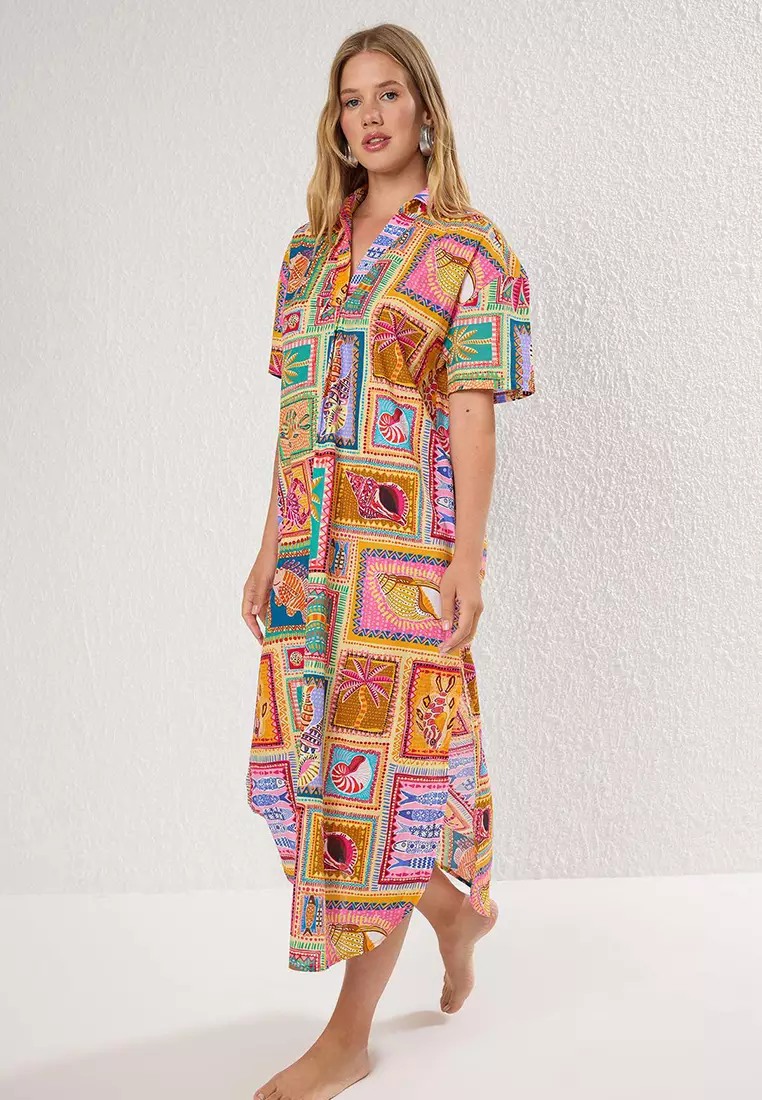Tropical Print Midi Beach Dress With Pockets And Slit