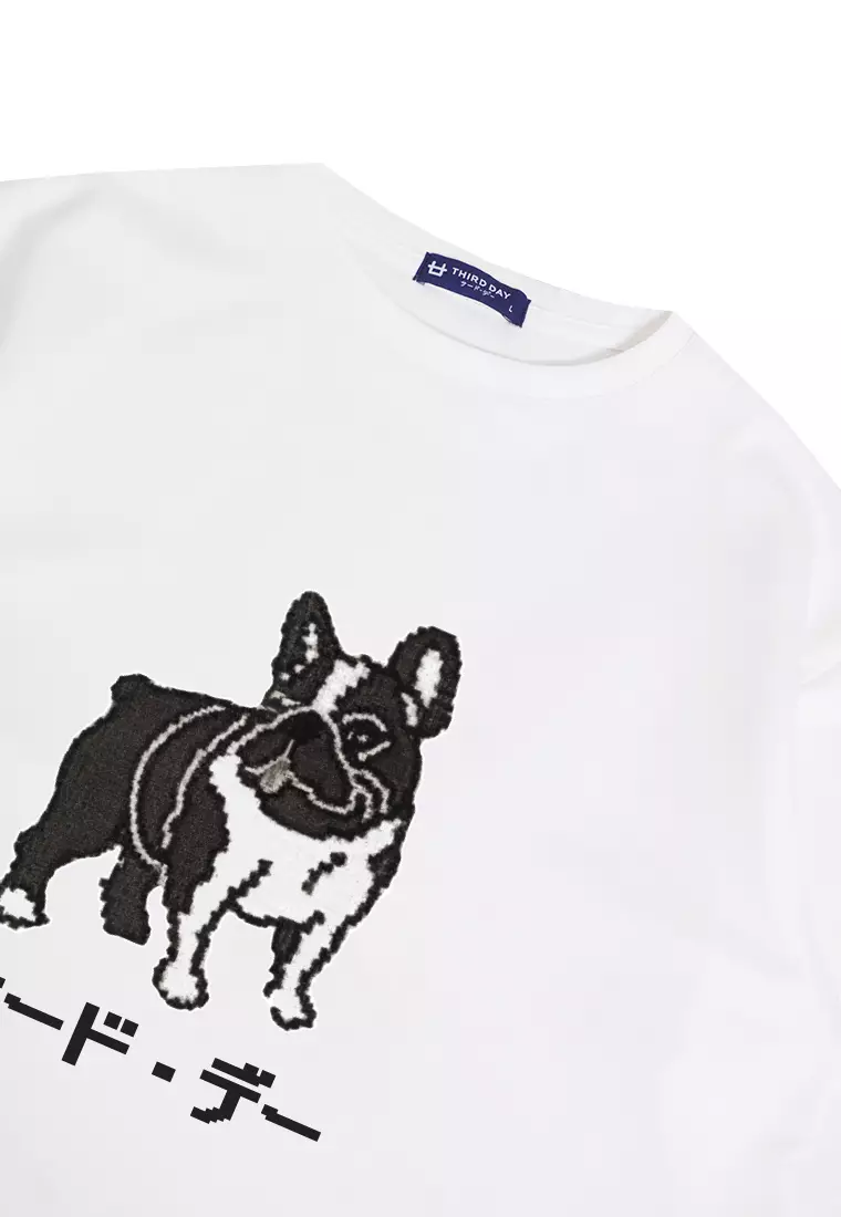 MTO60 kaos oversize gambar anjing bulldog french terry knitted pixel knit bahan scuba tebal putih