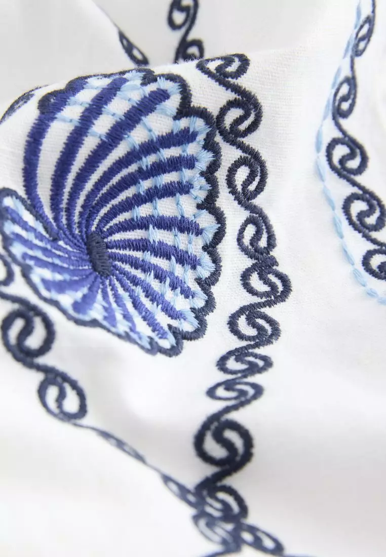 Embroidered Mini Shift Dress With Linen