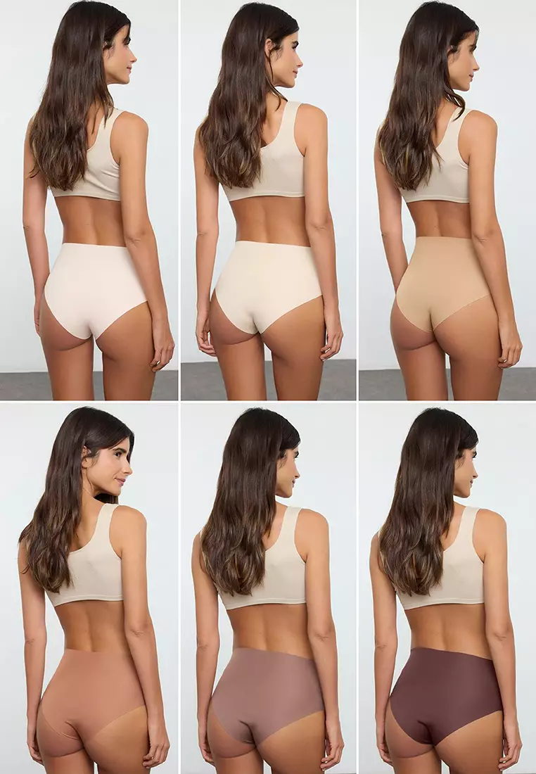 Brown 6-piece Micro Seamless/Non-Trace Laser Cut High Waist Classic Knitted Panties THMAW25KU00038