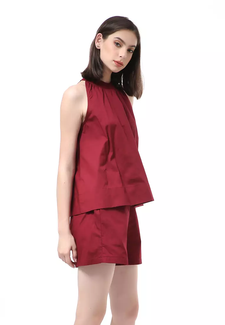 Nayra One Set Setelan Wanita Sleeveless Blouse with Short Pants Plain Motive Material Cotton ORIGINAL - Maroon