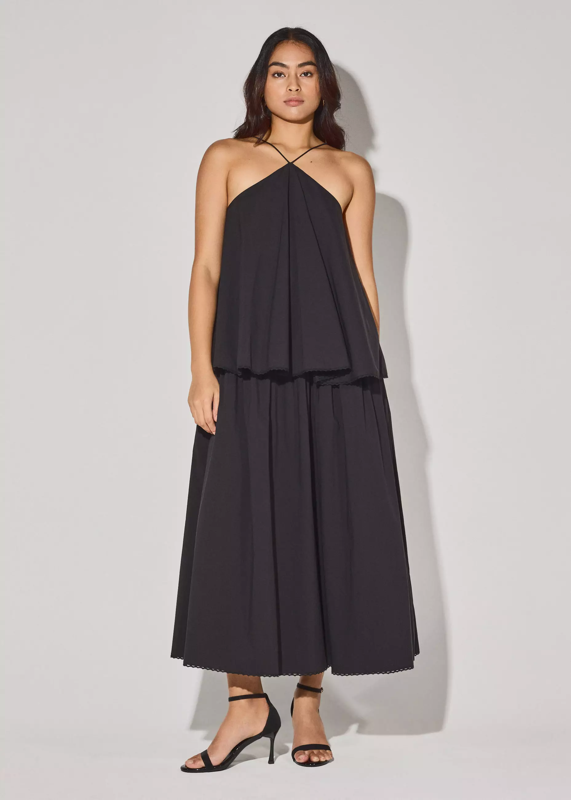 black flowy halter dress Black Halter Crisscross Cut Out Drape Ruched Slit Dress main image 1