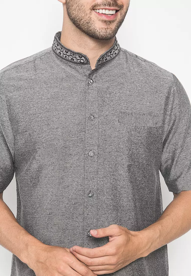 LGS - Slim Fit - Baju Koko - Kerah Bordir -Kantong Satu - Abu - JSH.385.A1015KF.311.C