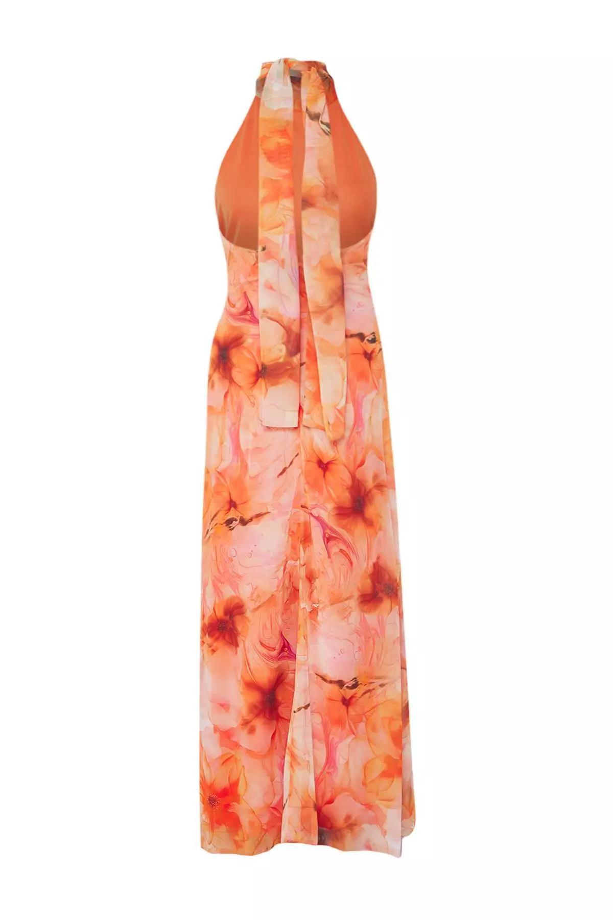 Orange Abstract Patterned Lined Chiffon Long Stylish Evening Dress