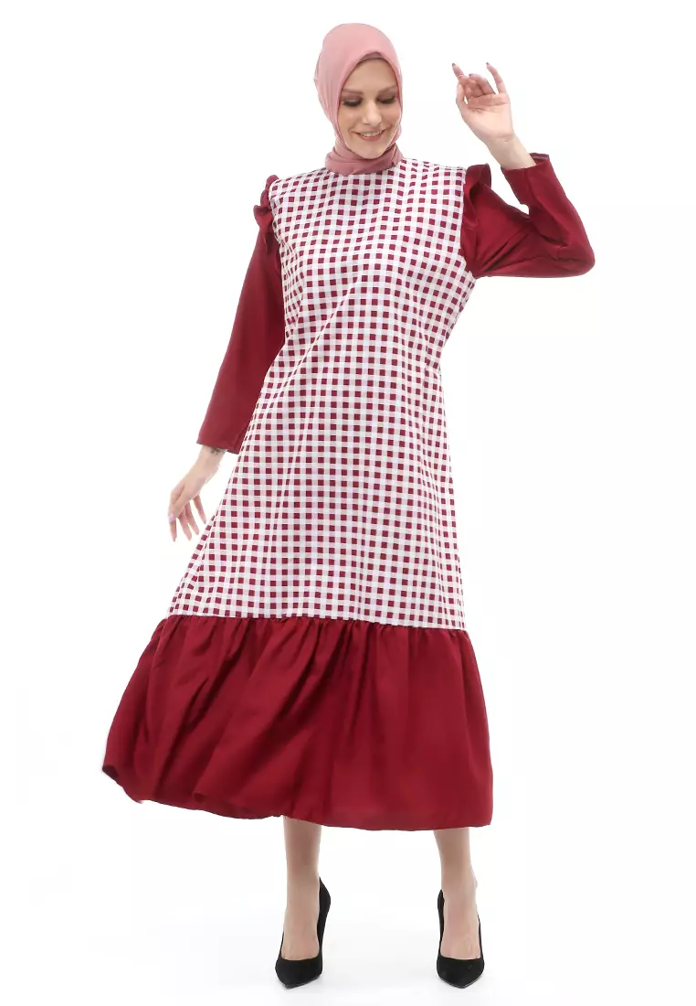 Ghina Gamis Tartan Muslimah Long Casual Wanita Regular Fit - Maroon