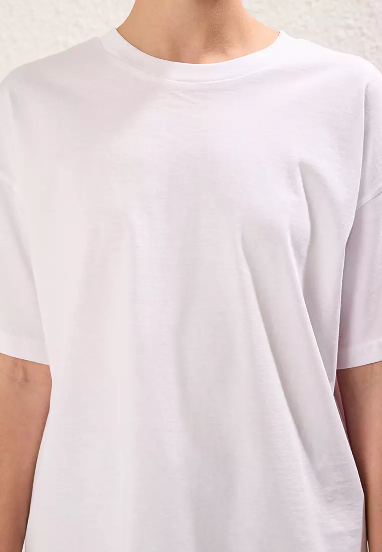 White Pink Striped Poplin Detail Oversize/Wide Pattern Knitted T-Shirt